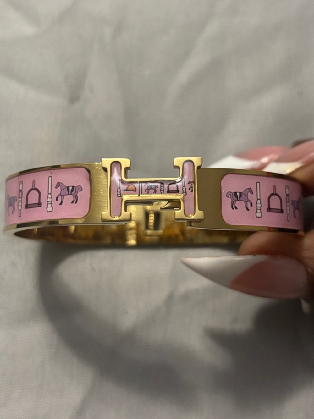 Hermes Gold & Pink Enamel 'H' Cuff Bracelet